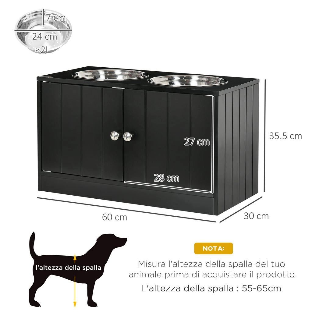 CIOTOLA PER CANI RIALZATA CON VANO CONTENITORE, 2 CIOTOLE IN ACCIAIO INOX RIMOVIBILI, 60X30X35.5CM, NERO