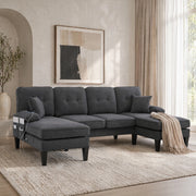 Divano angolare a U 4 posti in tessuto effetto lino; 250x130x88 cm; grigio scuro