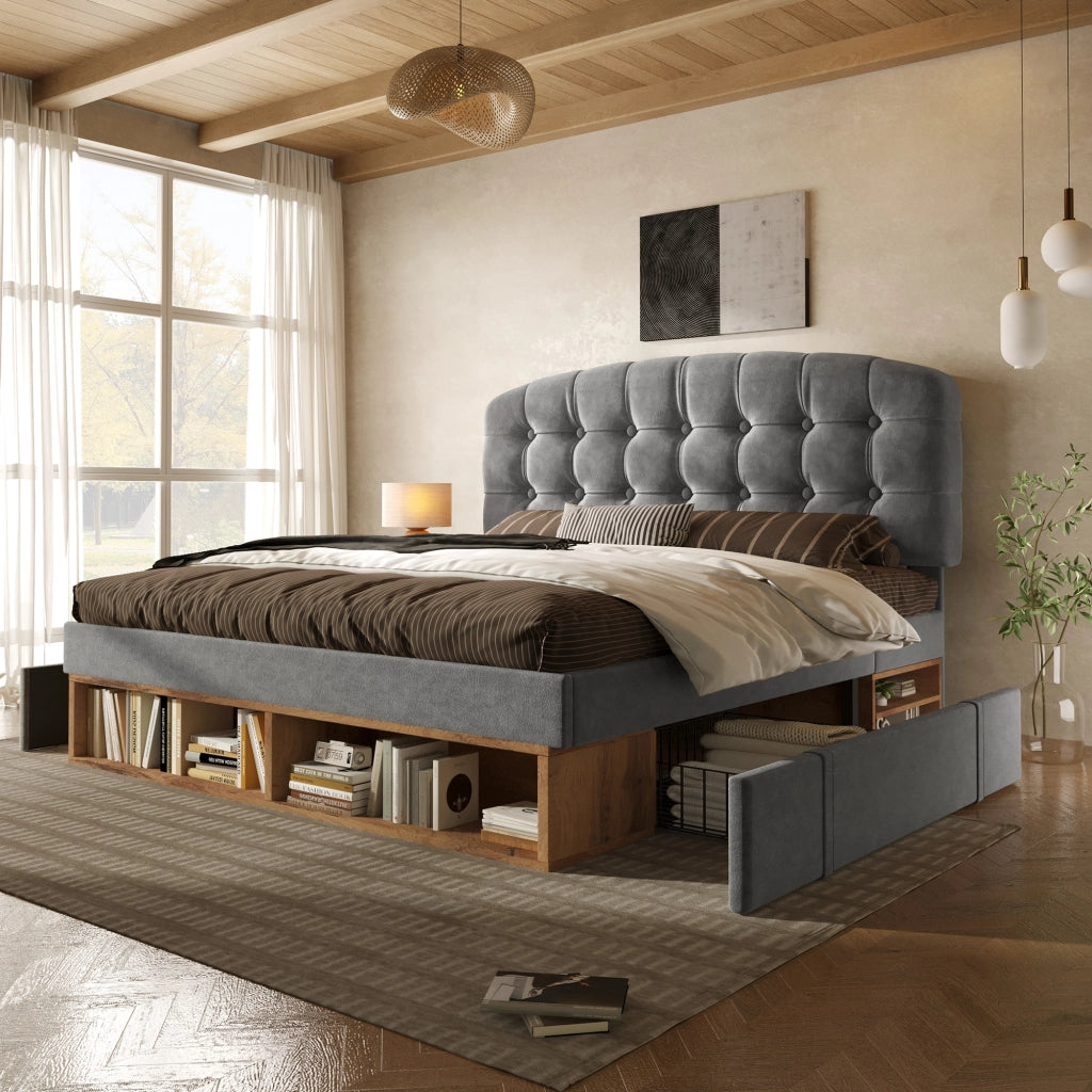 Letto imbottito matrimoniale 140x200 cm in velluto grigio con rete a doghe, testiera regolabile, cassetti e vani portaoggetti