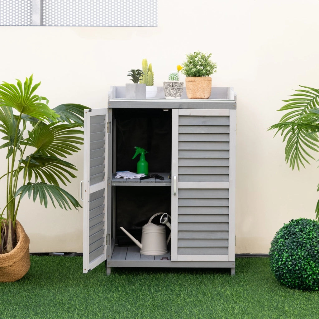 Armadietto da esterno in legno di abete con 2 ante magnetiche, 1 ripiano e piano in metallo placcato 67x47x100 cm Grigio-Casette da giardino