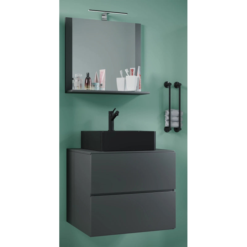 Luce di Ezooza Mobile Sospeso con 2 cassetti Large con lavabo in ceramica di alta qualità e specchio, Antracite , lavabo Nero