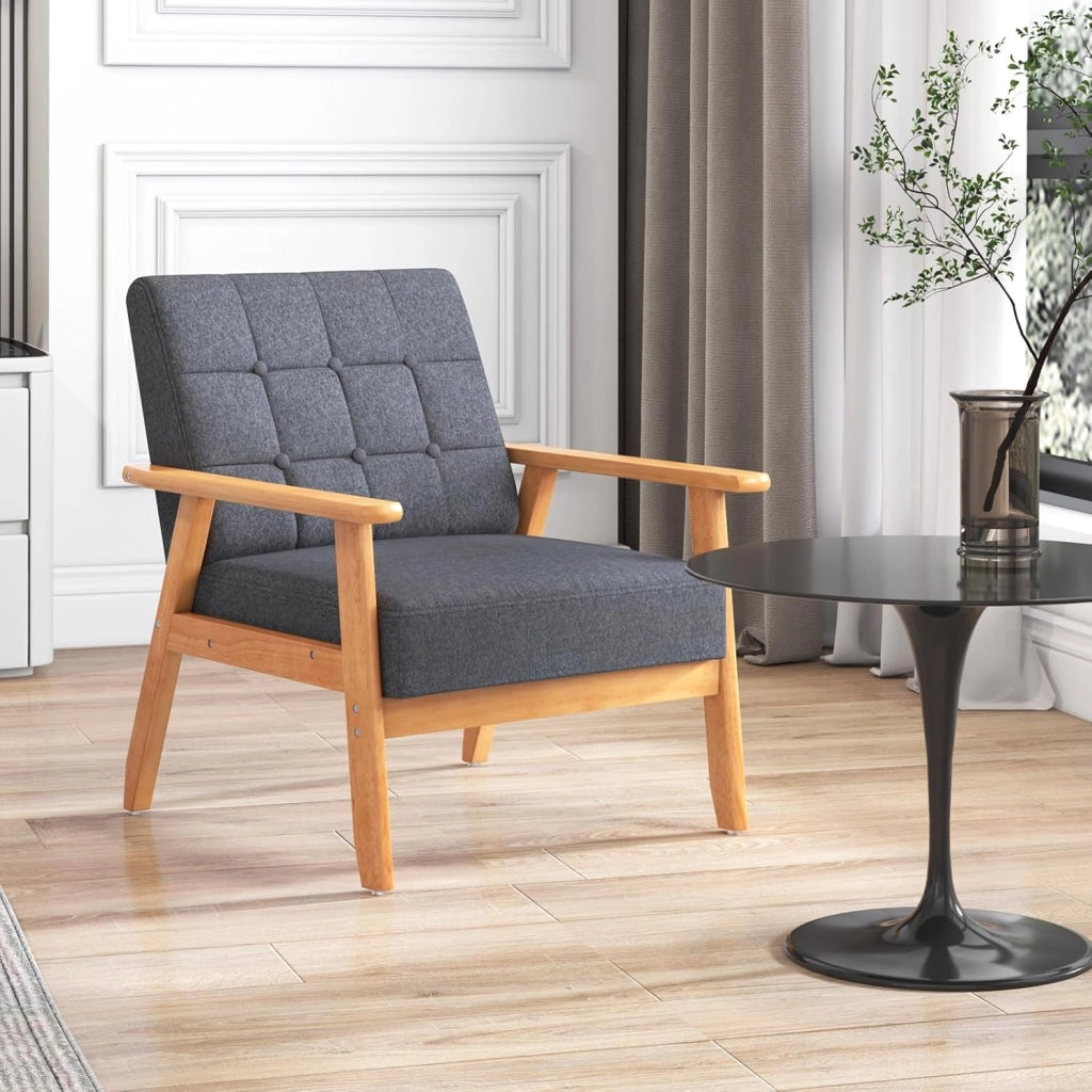 Poltrona Moderna, Sedia con Braccioli Imbottita e Rivestita in Lino Traspirante, Telaio in Legno Massiccio di Gomma, Sedia Divano Imbottita per Soggiorno, Camera da Letto, Studio