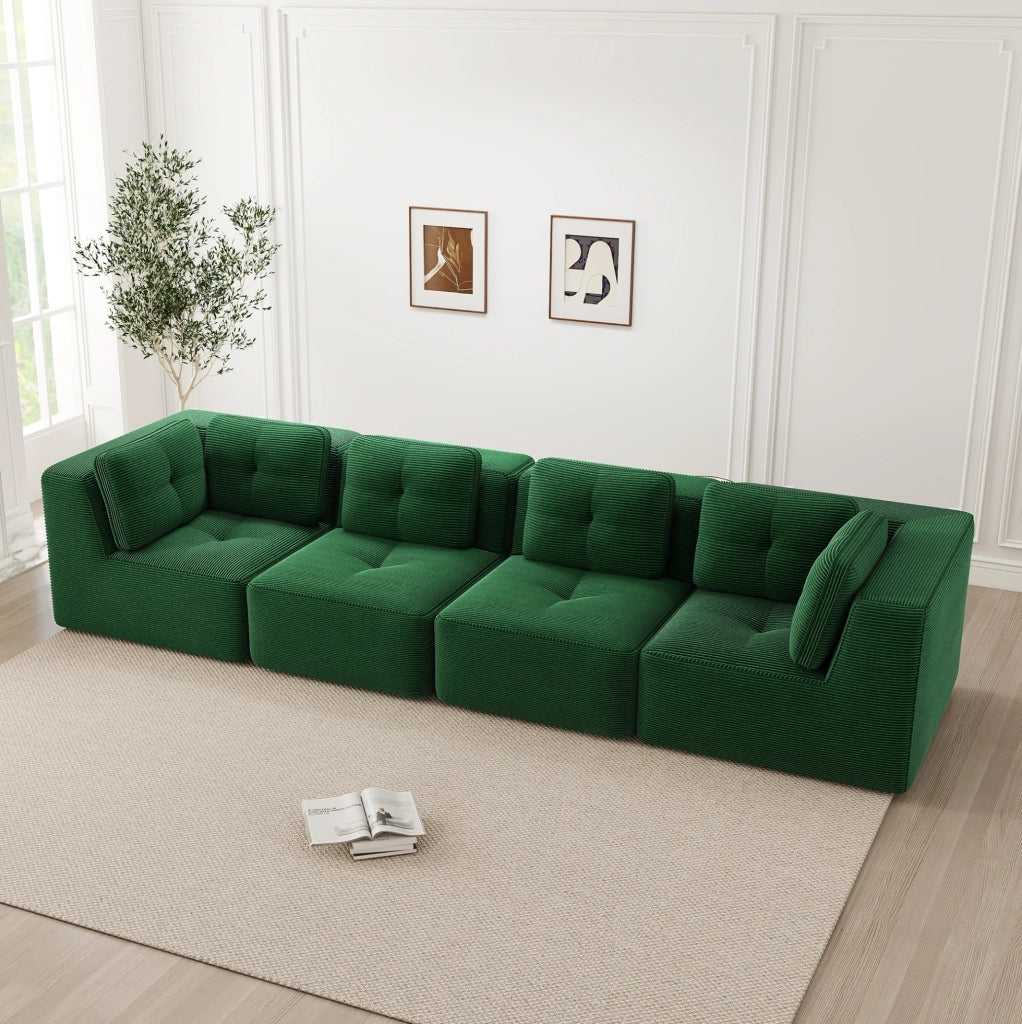 Divano angolare modulare in velluto a coste; 386x104x69 cm; verde