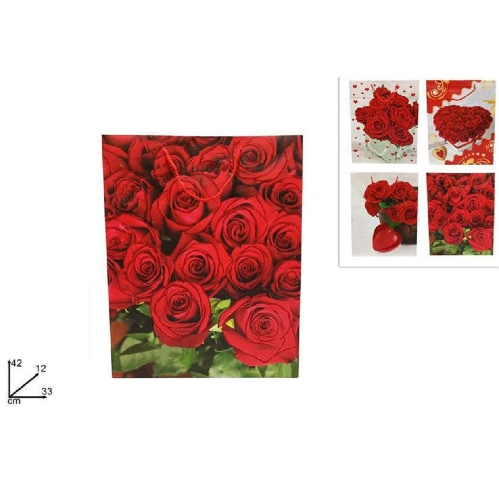 Trade Shop - Set 6 Pezzi Buste Da Regalo Con Rose 42x33x12cm Borsa San Valentino Vari Modelli -