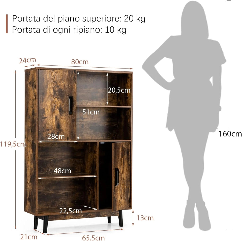 Libreria di Legno a 4 Livelli, Libreria con 2 Ante, 4 Mensole Aperte, Gambe in Legno di Gomma, Cuscinetti Antigraffio e Dispositivo Antiribaltamento, 80 x 24 x 119,5 cm (Caffè)