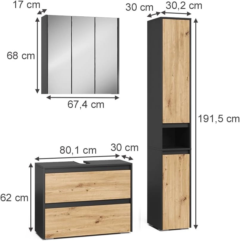 Set di mobili da bagno Majest, Antracite/Artisan, 3 parti