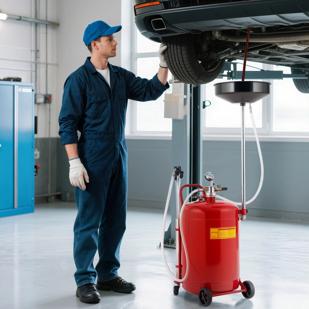 Carrello Recupero Olio Usato 80L ¨C Xylo ¨C Altezza Regolabile 101-141cm con Ruote e Maniglia Rossa