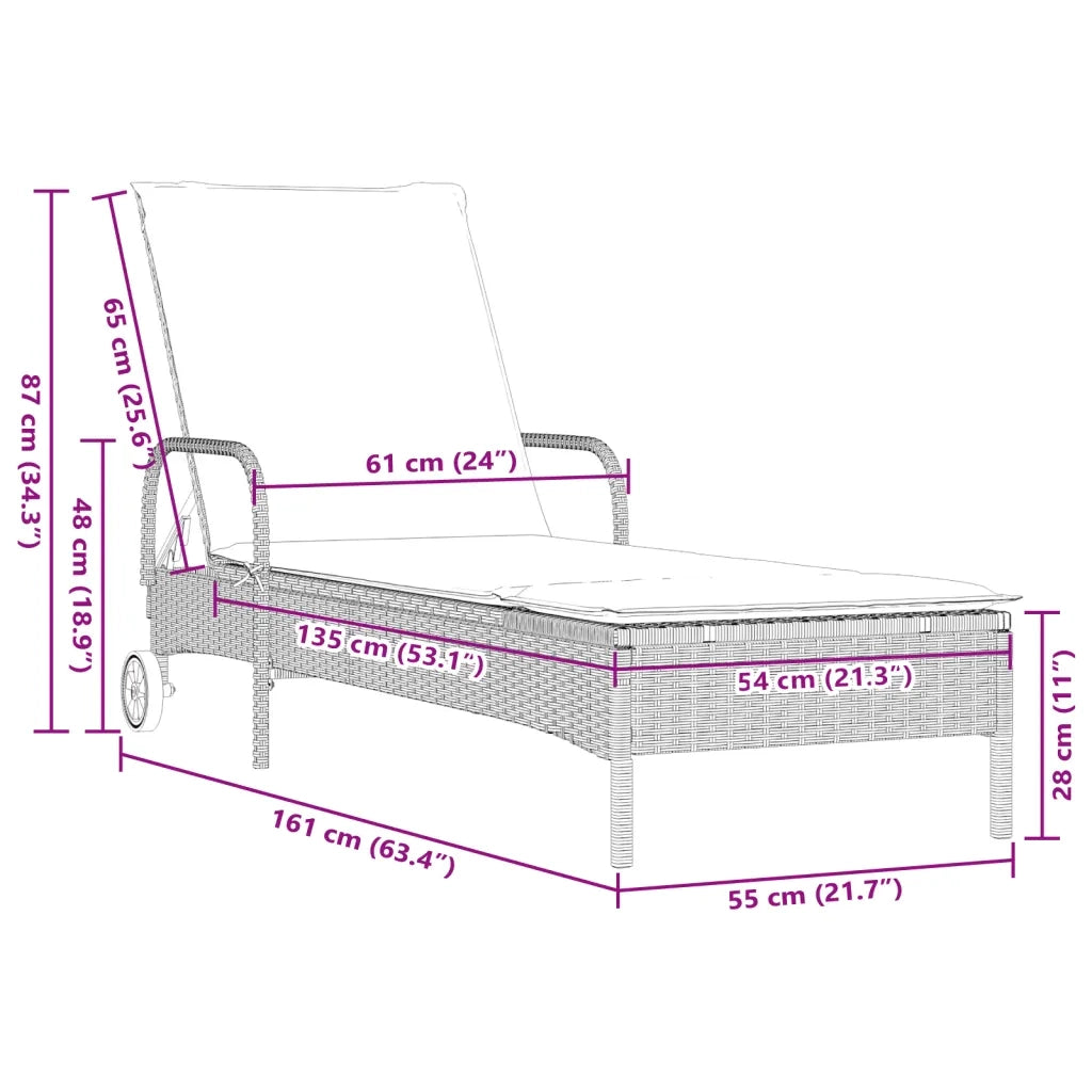 Lettino Prendisole con Ruote e Cuscino Polyrattan Grigio Chiaro 368313