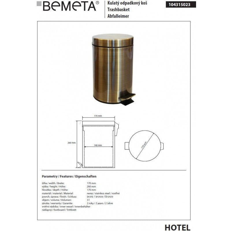 HOTEL pattumiera doccia in acciaio bronzato / 3L