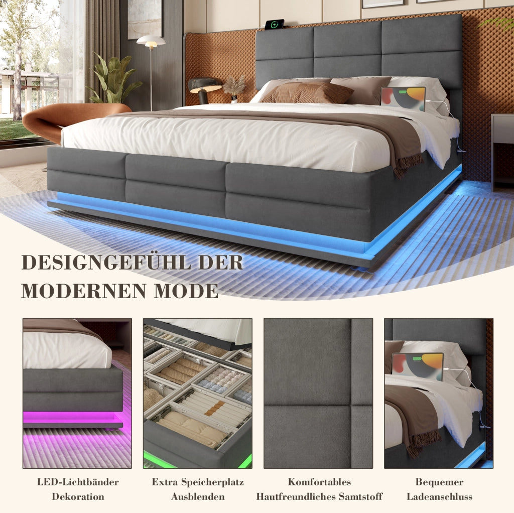 Letto 140x200 in velluto grigio con LED, USB e vano contenitore