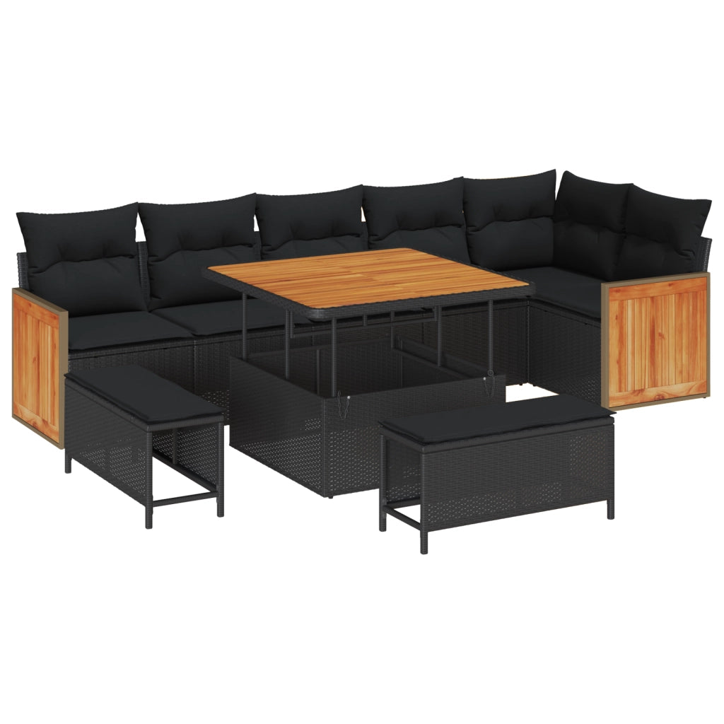 Set divano da giardino 9 pezzi con cuscini, rattan polietilene nero e acacia