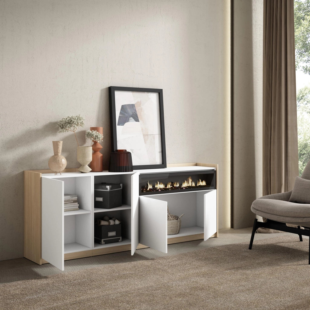 Credenza, Mobile, Cucina, 207x80x37 cm, 4 Porte, Camino elettrico, Bianco e Rovere soft