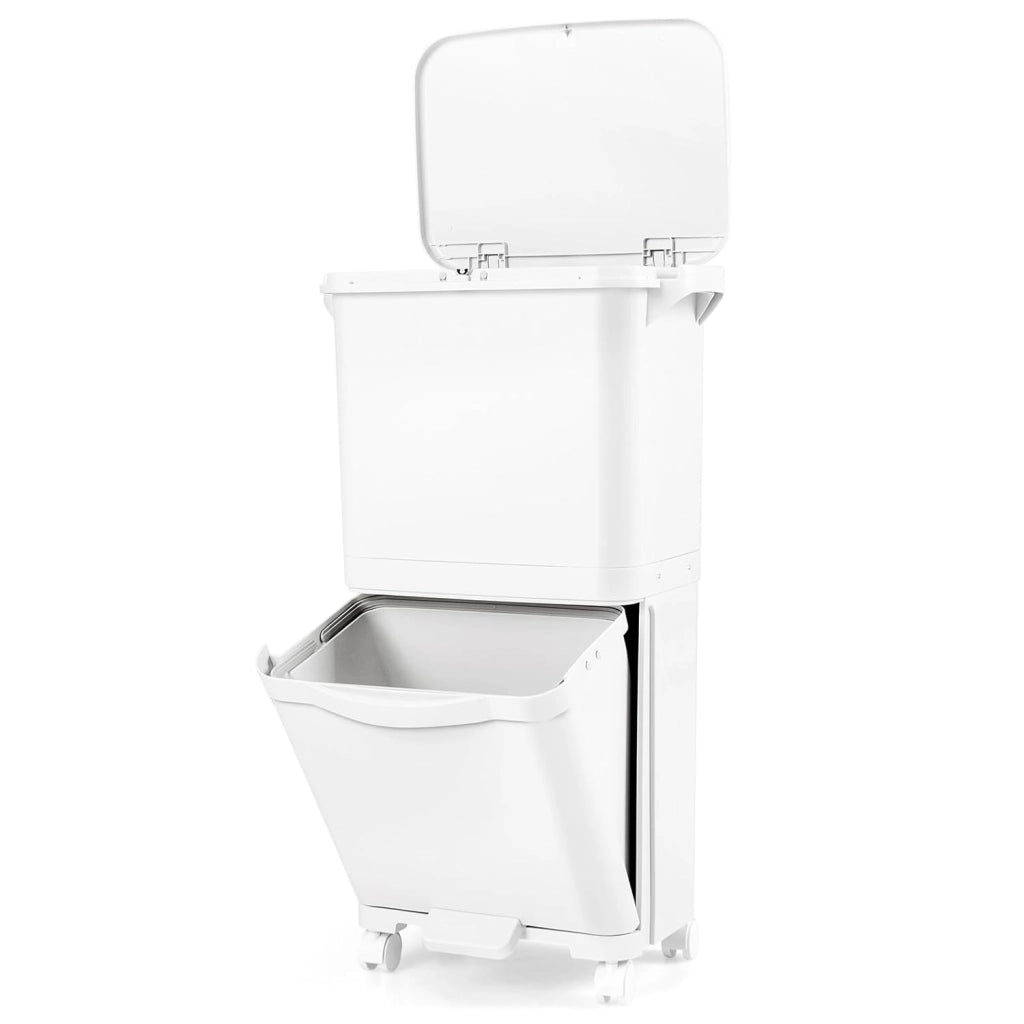 Pattumiera 2 Scomparti 40L, con Pedale, Ruote e Coperchio, Contenitore per Rifiuti Inclinabile, Sistema di Raccolta Differenziata per Cucina (40 L)