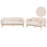 Set da salotto in stile scandinavo con divani a 2 e 3 posti, gambe affusolate in legno e rivestimento in bouclé beige chiaro