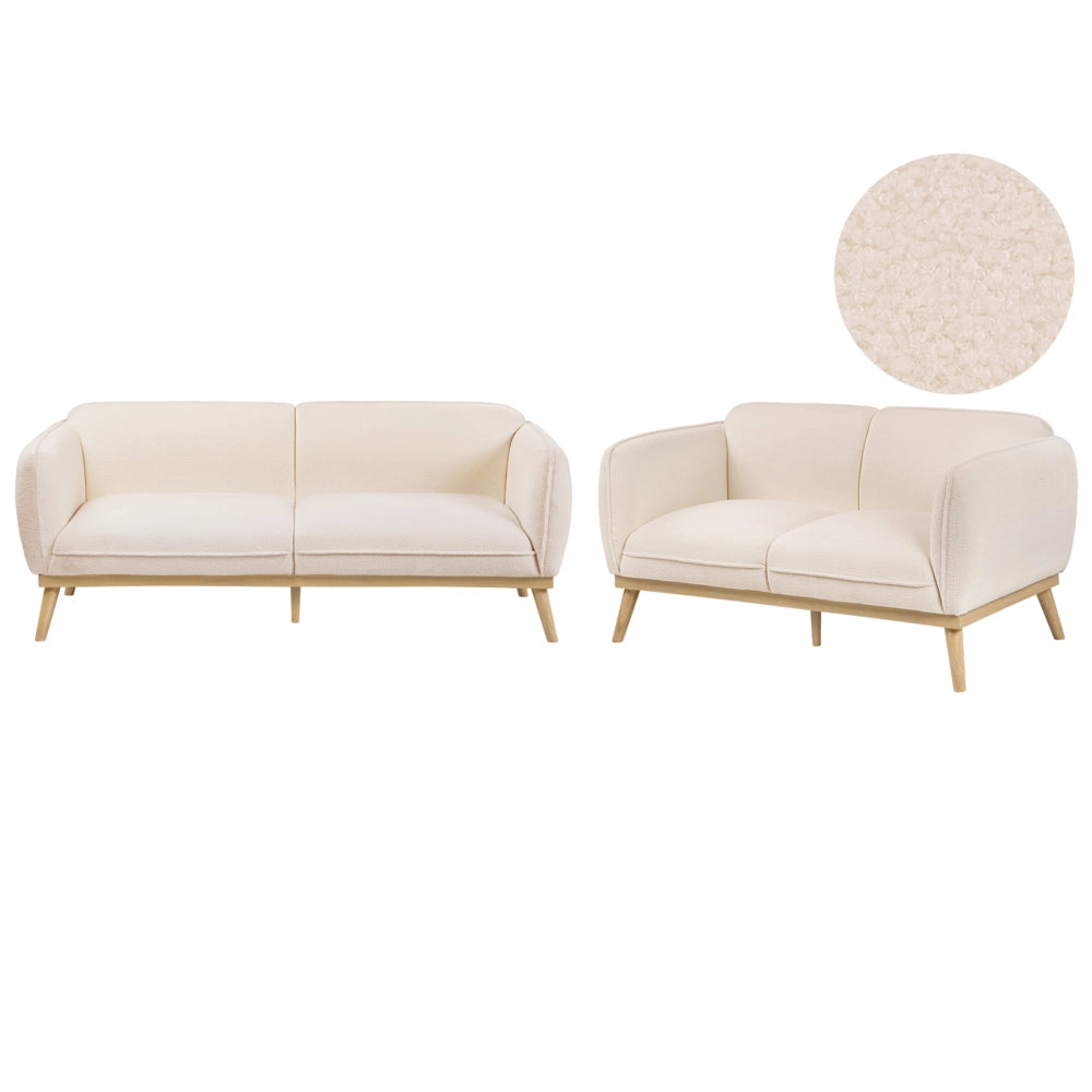 Set da salotto in stile scandinavo con divani a 2 e 3 posti, gambe affusolate in legno e rivestimento in bouclé beige chiaro