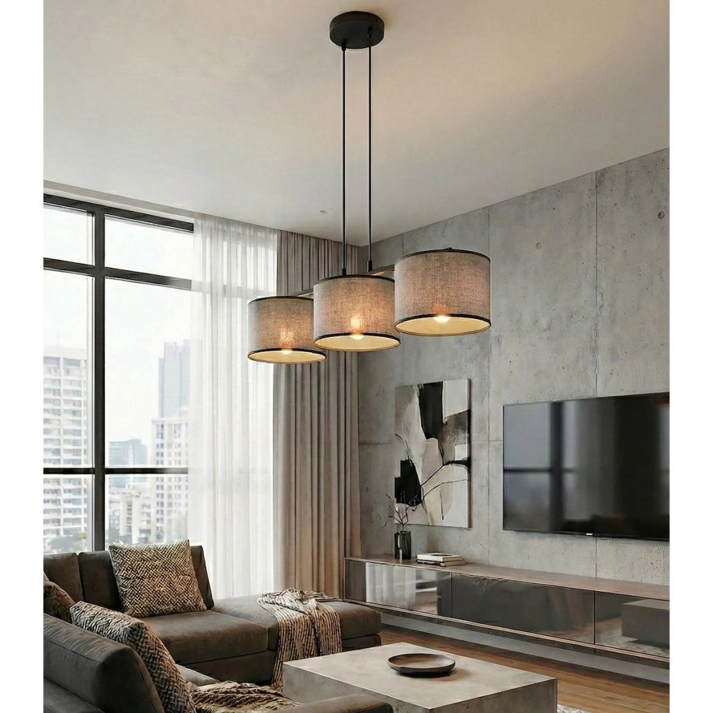 Lampada a sospensione Eco con tre luci in acciaio nero e tessuto grigio
