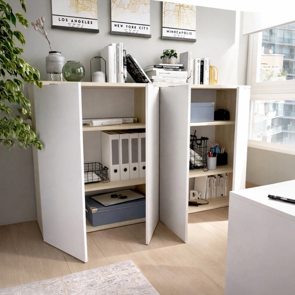 Armadio multiuso Alicha, Mobile basso multifunzione, Armadietto a 2 ante, 79x40h96 cm, Bianco e Rovere