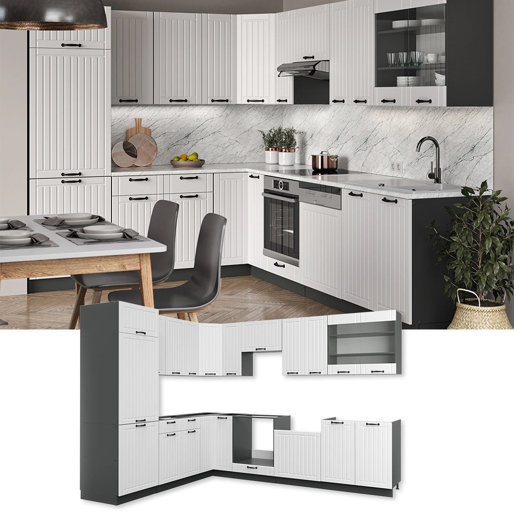 Cucina angolare completa Fame-Line Bianco rustico/Antracite 287 x 60 cm, PL Marmo Vicco