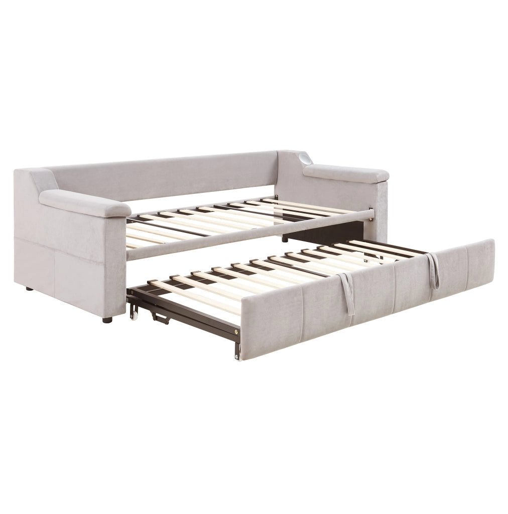Divano letto multifunzionale 90/180x190 cm in velluto beige; con Bluetooth e USB