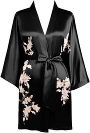 Kamizza da camera per donna con stampa di fiori, giacca da bagno estiva, kimono, camizzone corto, pigiama leggero, abito da spiaggia in seta per donna (nero)