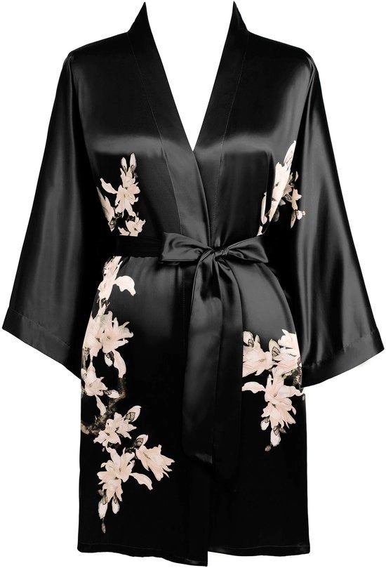 Kamizza da camera per donna con stampa di fiori, giacca da bagno estiva, kimono, camizzone corto, pigiama leggero, abito da spiaggia in seta per donna (nero)