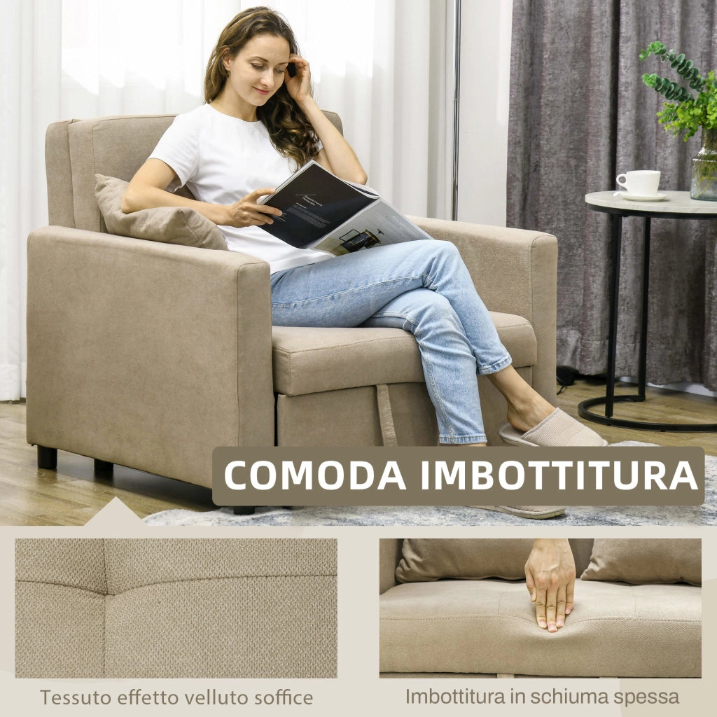 Poltrona Letto Singolo 100x98x88 cm 2 Cuscini e Vano Contenitore in Velluto Marrone Chiaro