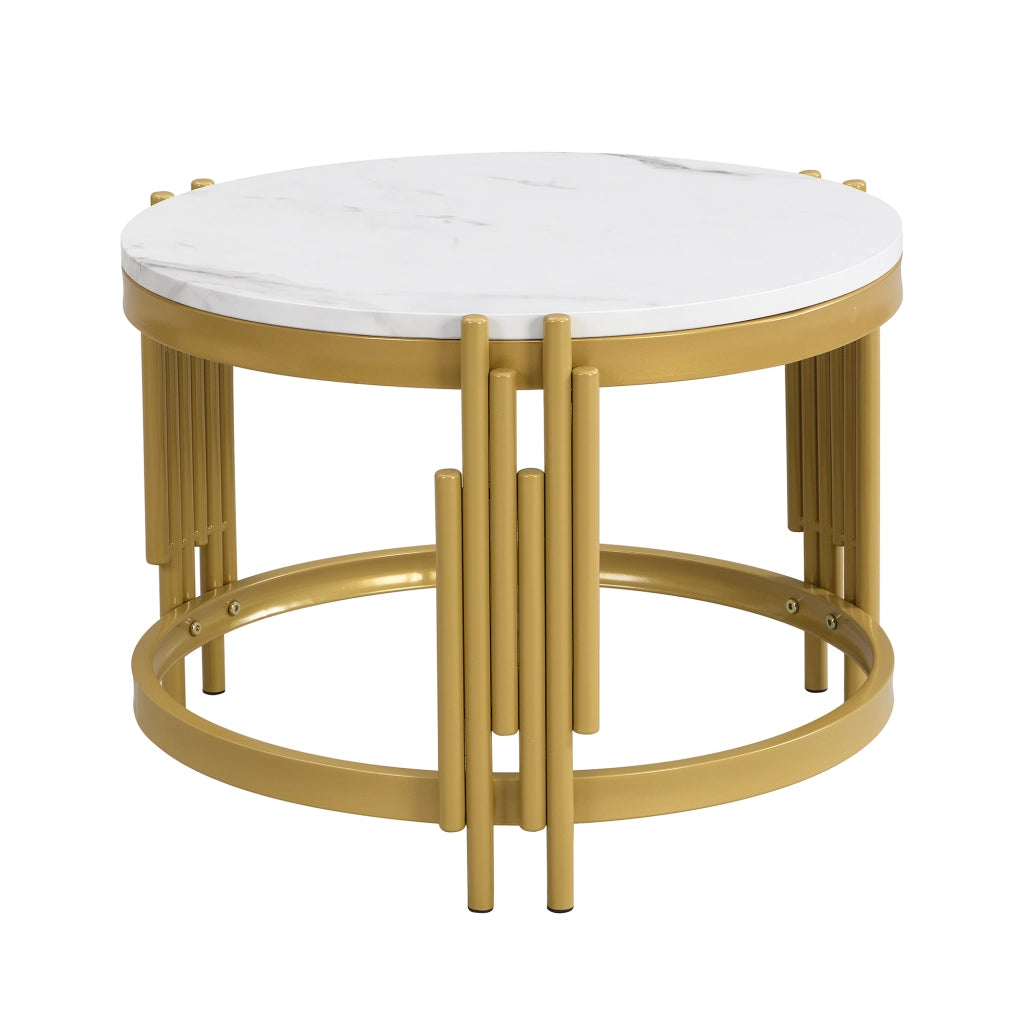 Set di tavolini da salotto 71.5x71.5x44 cm; impilabile; effetto marmo; MDF e metallo; ottone antico e bianco