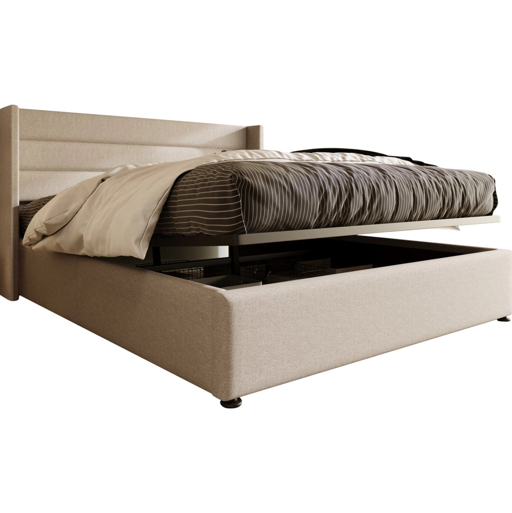 Letto matrimoniale contenitore 140x200 cm in lino beige con rete sollevabile e testiera imbottita