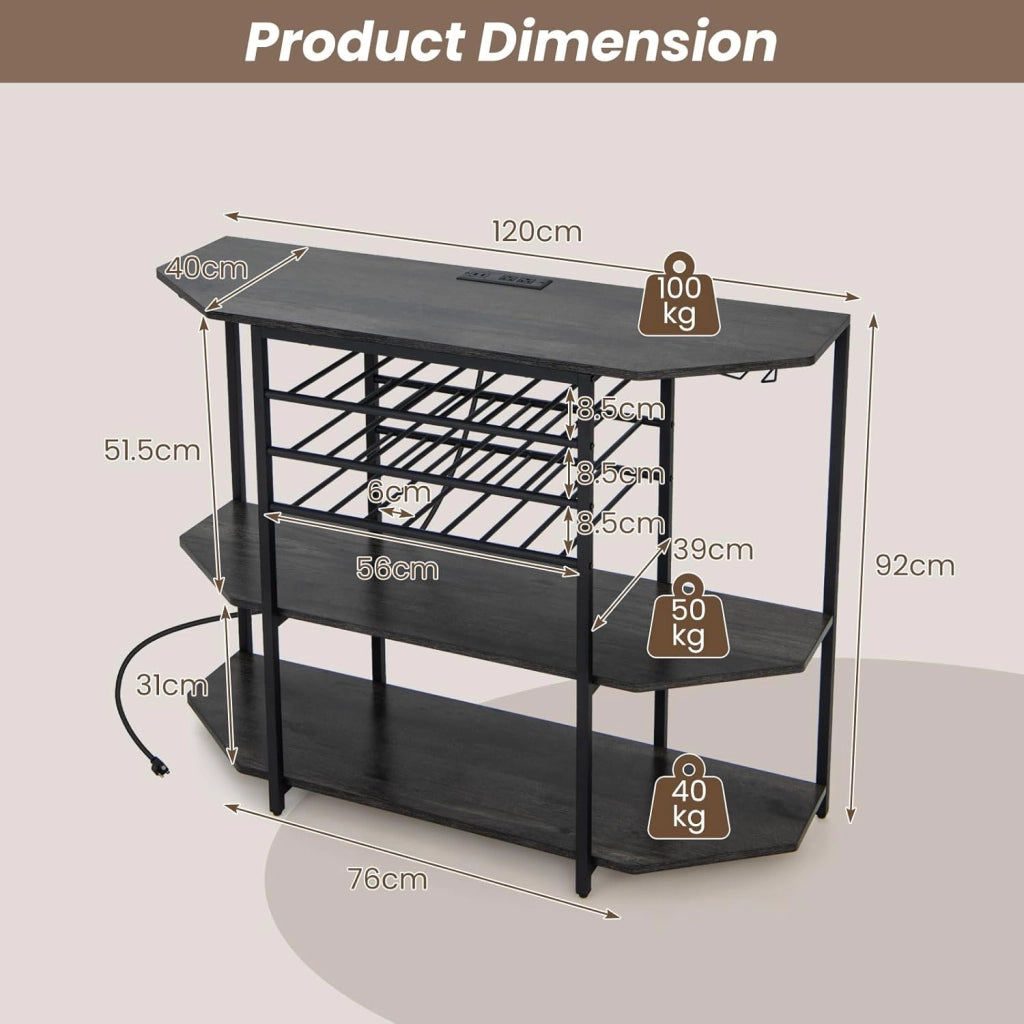 Credenza con portabottiglie per 21 bottiglie, Tavolo da cucina stretto con 2 porte USB e 2 prese, Portabottiglie a 3 livelli con portabicchieri, Tavolo portavino industriale Armadietto per
