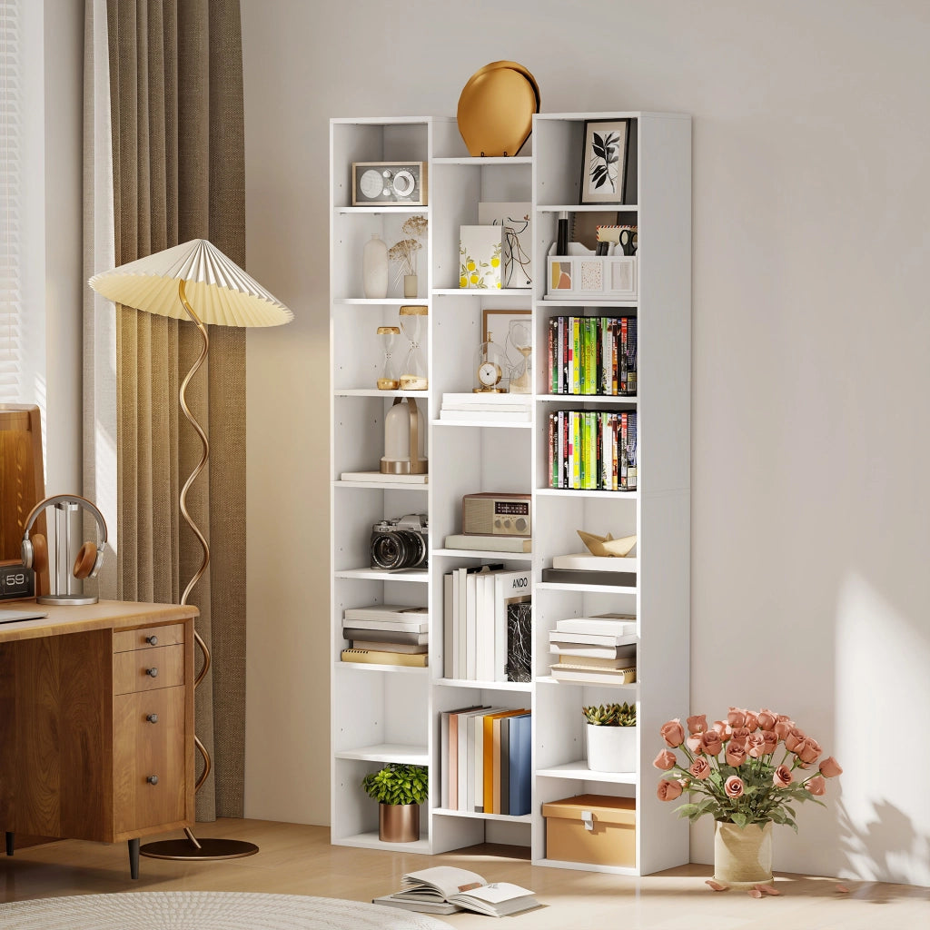 Libreria Moderna in Legno Alta 181 cm con 21 Scomparti e 10 Ripiani Regolabili, Bianco