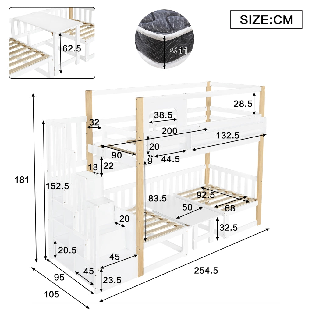 Letto a soppalco per bambini 90 × 200 cm con tavolo pieghevole, scala contenitore et sponde di sicurezza, senza materasso, bianco naturale