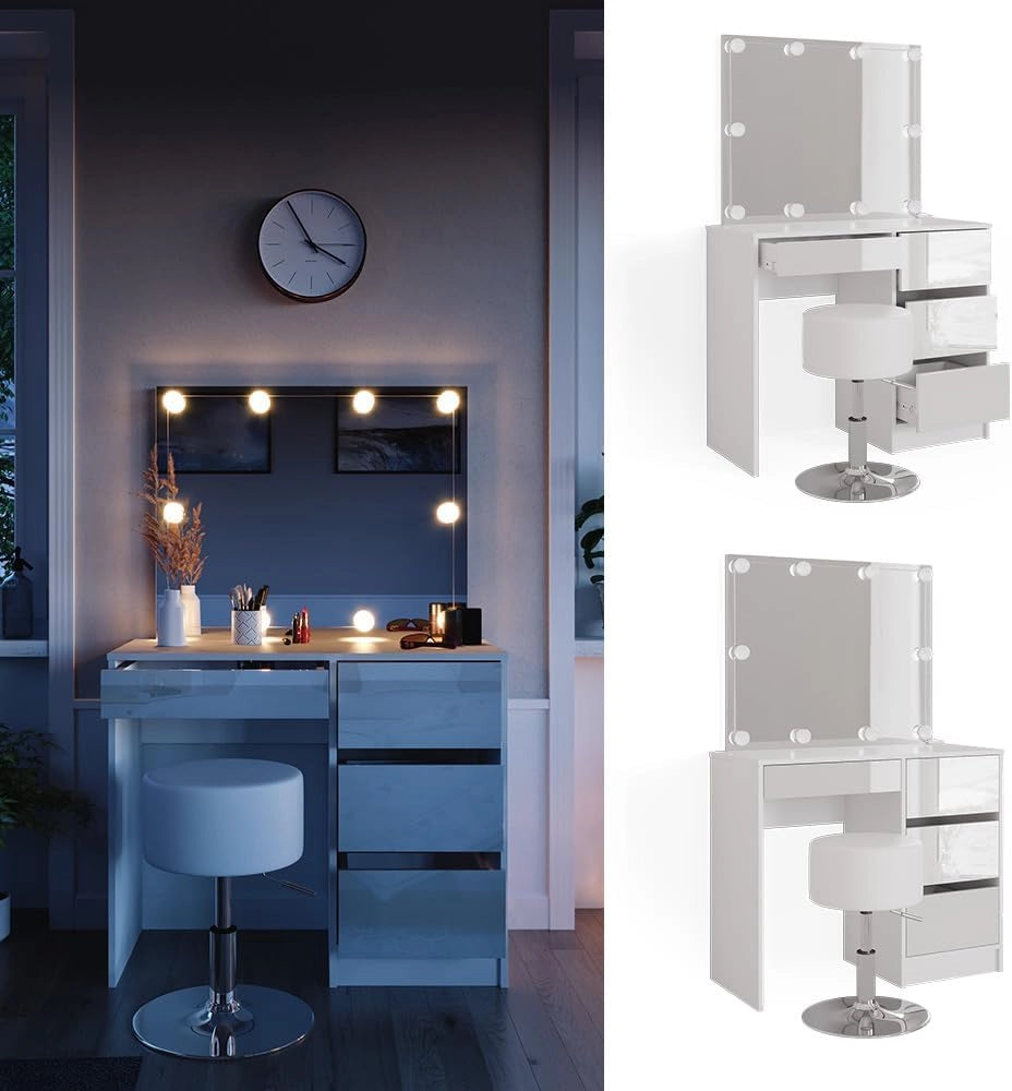 Vicco Tavolo da toeletta Sherry, Bianco, 90 cm con illuminazione a LED e sgabello, con illuminazione a LED e panca imbottita