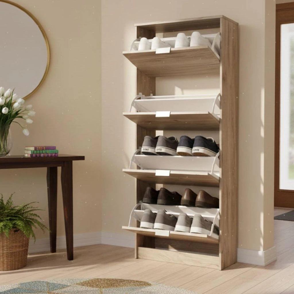 Mobile Portascarpe Santina, Scarpiera 8 Ripiani, 67x28x155.5h cm Marrone Rovere Grigio