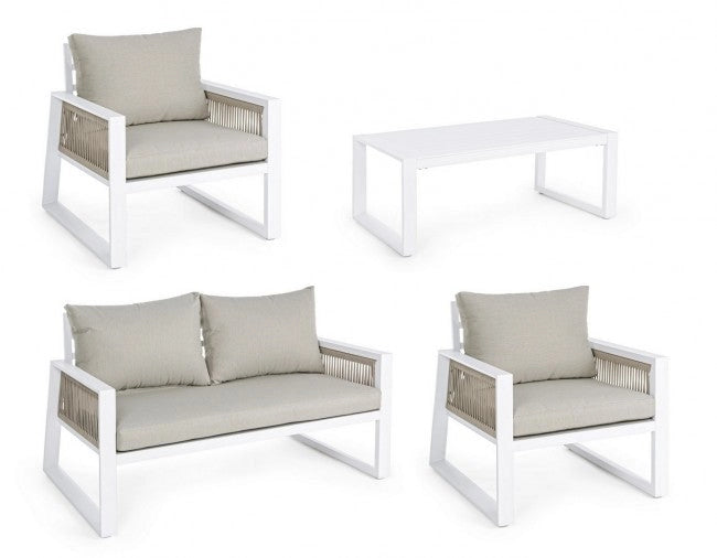 Set Salotto da Giardino Divano 2 Poltrone e Tavolino Captiva Bianco