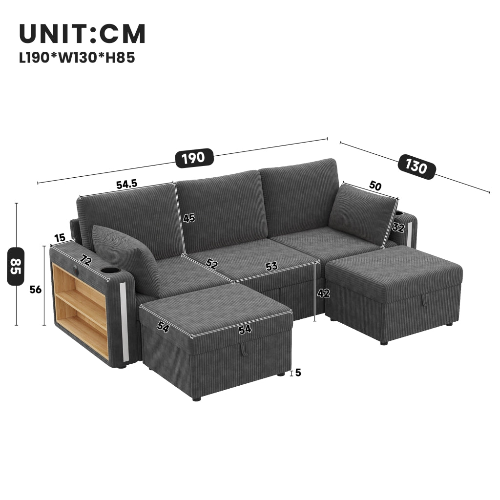 Divano modulare a U o L con LED; USB; portabicchieri e contenitore in velluto grigio