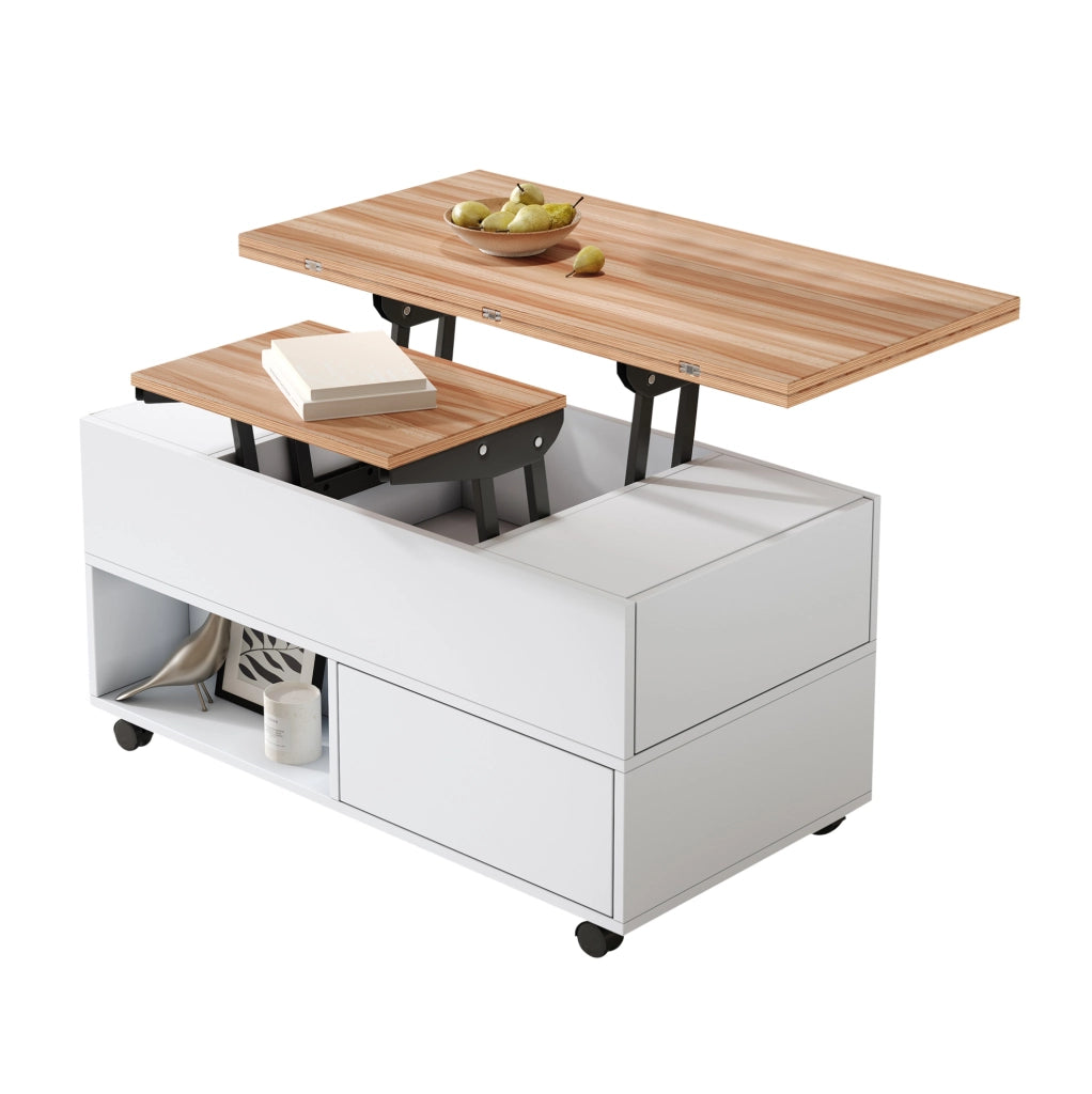 Tavolino da caffè sollevabile 100x50x52 cm con 4 ruote; 4 cassetti e piano estensibile bianco e legno