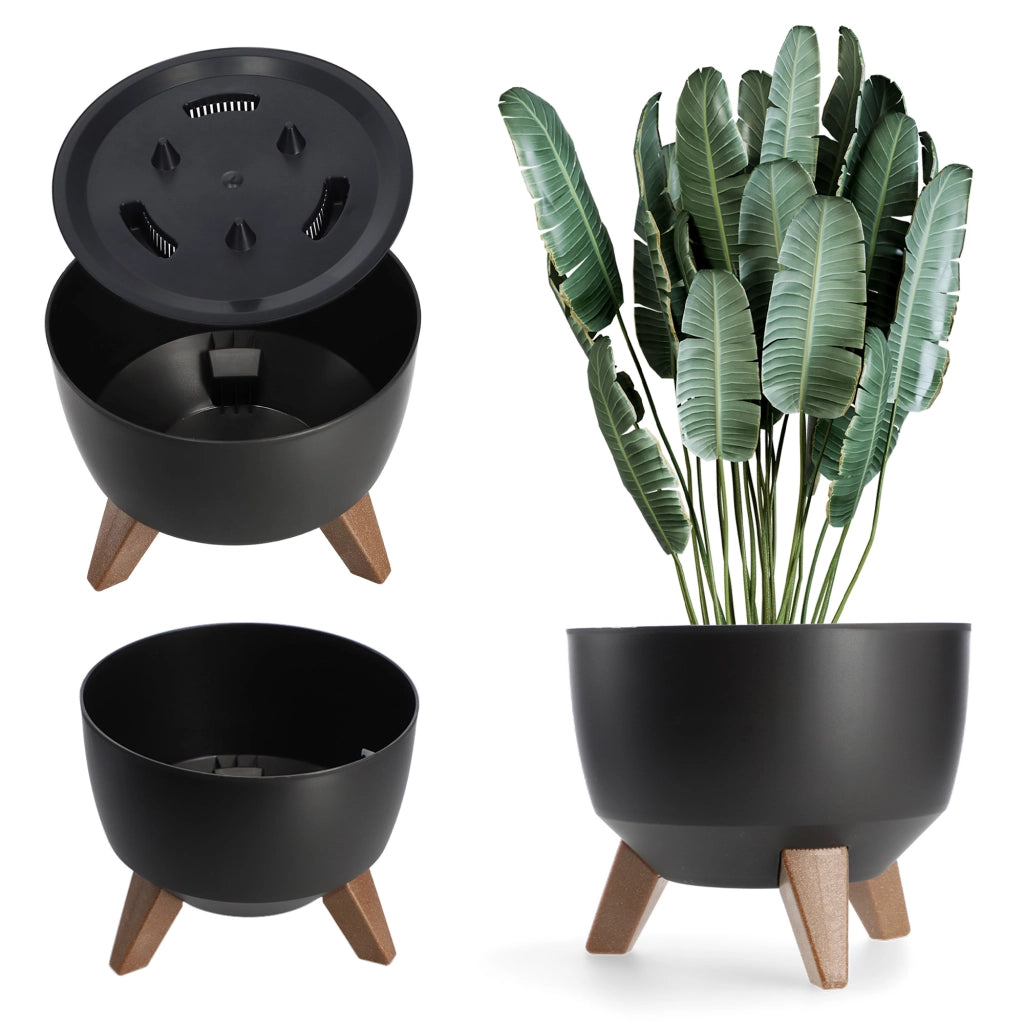 Vaso da fiori KADAX, fioriera, coperchio, gambe, inserto, supporto per fiori, 33 cm, ciotola rotonda nera