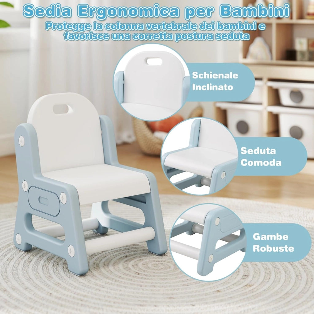 Set Tavolo e Sedia per Bambini 3+ Anni, Tavolo Regolabile in Altezza con Lavagna Inclinabile, Sedia Ergonomica, Supporto per Libri e Ripiano Concavo, per Disegnare e Leggere (Blu)