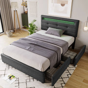 Letto singolo 90x200 cm in lino grigio con LED e 2 cassetti; testiera regolabile