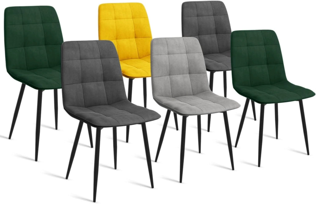 Set di 6 sedie MILA in velluto misto verde x2, grigio scuro x2, grigio chiaro, giallo