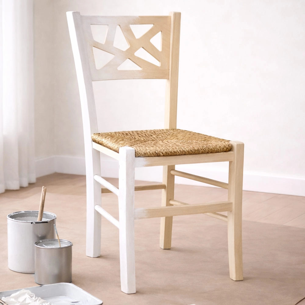 Sedia da sala da pranzo Sissy in legno grezzo da dipingere con seduta in paglia