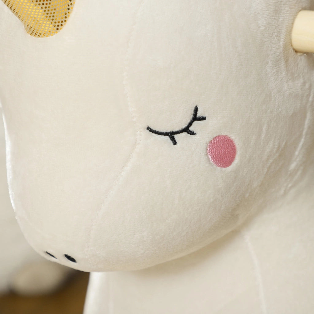 Cavallo a Dondolo per Bambini in Legno e Peluche Unicorno Bianco