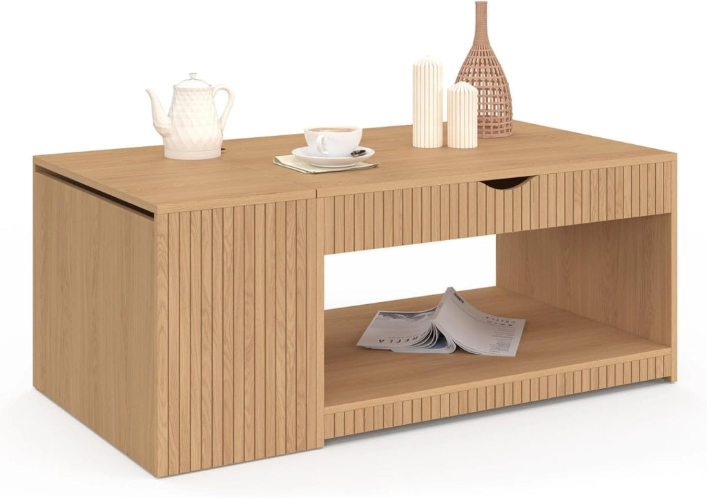 Tavolino rettangolare alzabile JULIETTE con cassa in legno a doghe color rovere