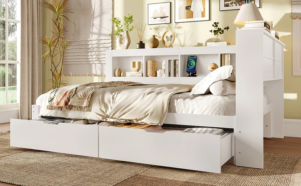 DESMIU Divano letto 140 × 200 cm 2 posti con 2 cassetti, presa di corrente e 2 porte USB, senza materasso, bianco