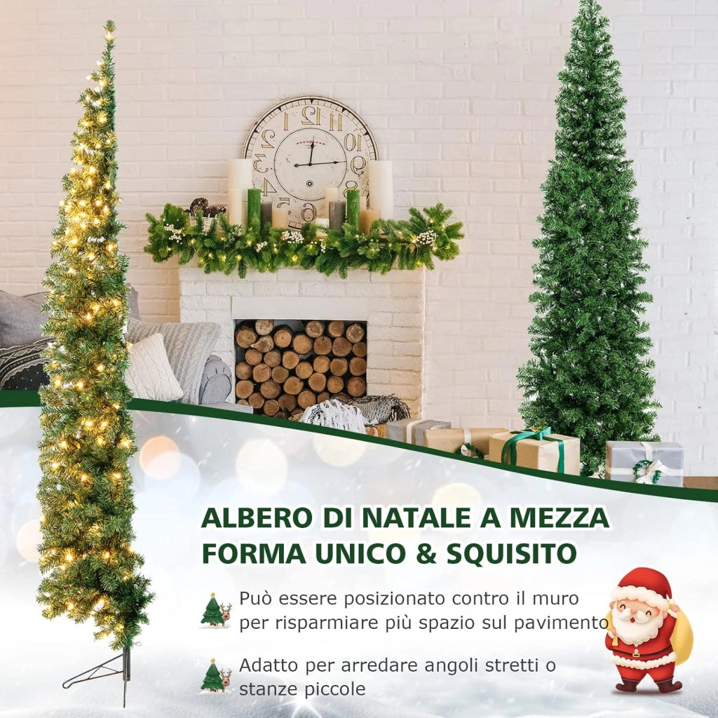 Albero di Natale Mezzo 210 cm, Albero di Natale Artificiale Metà con 150 Luci LED, 450 Rami Folti e Base Pieghevole in Metallo, Ideale per Casa, Ufficio, Negozi e Hotel, Verde