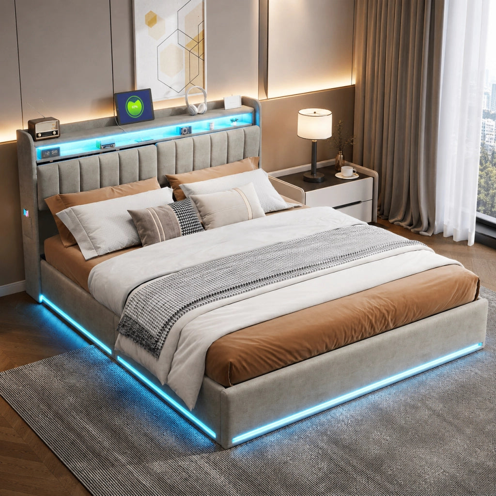 Letto matrimoniale con contenitore idraulico 160x200 cm, velluto grigio, testiera con vani, LED RGB, porte USB‑C e USB