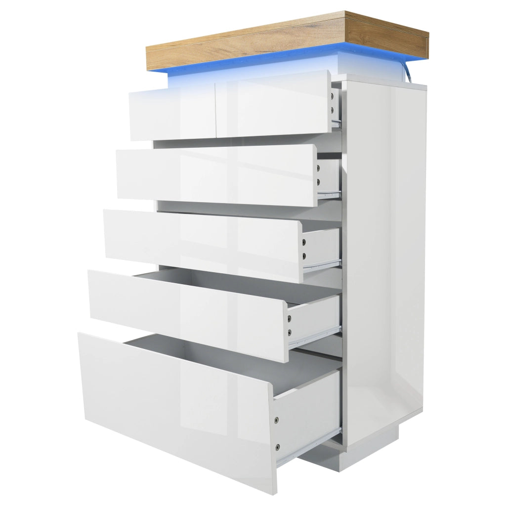 Comodino alto lucido con 6 cassetti e LED, credenza multiuso in bianco 115 x 73 x 39 cm