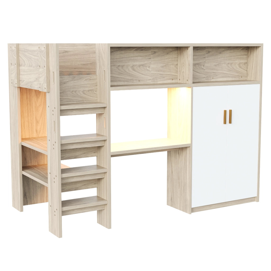 DESMIU Letto a soppalco 1 posto con scrivania, armadio, scaffali e LED regolabile 90 × 200 cm, senza materasso