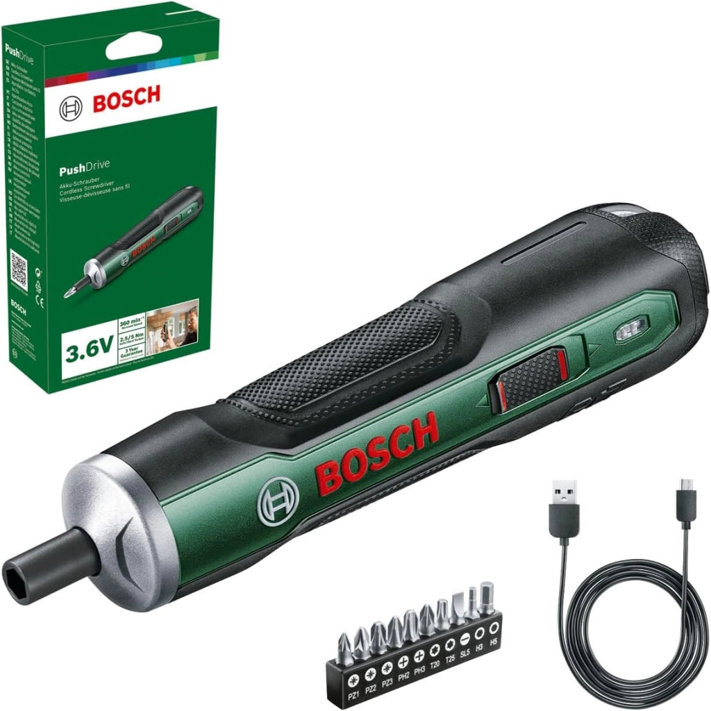 Bosch Home and Garden 06039C6000 PushDrive Cacciavite a Batteria, Batteria da 1.5 Ah, 360 giri/min a Vuoto, con Custodia, 3.6 V