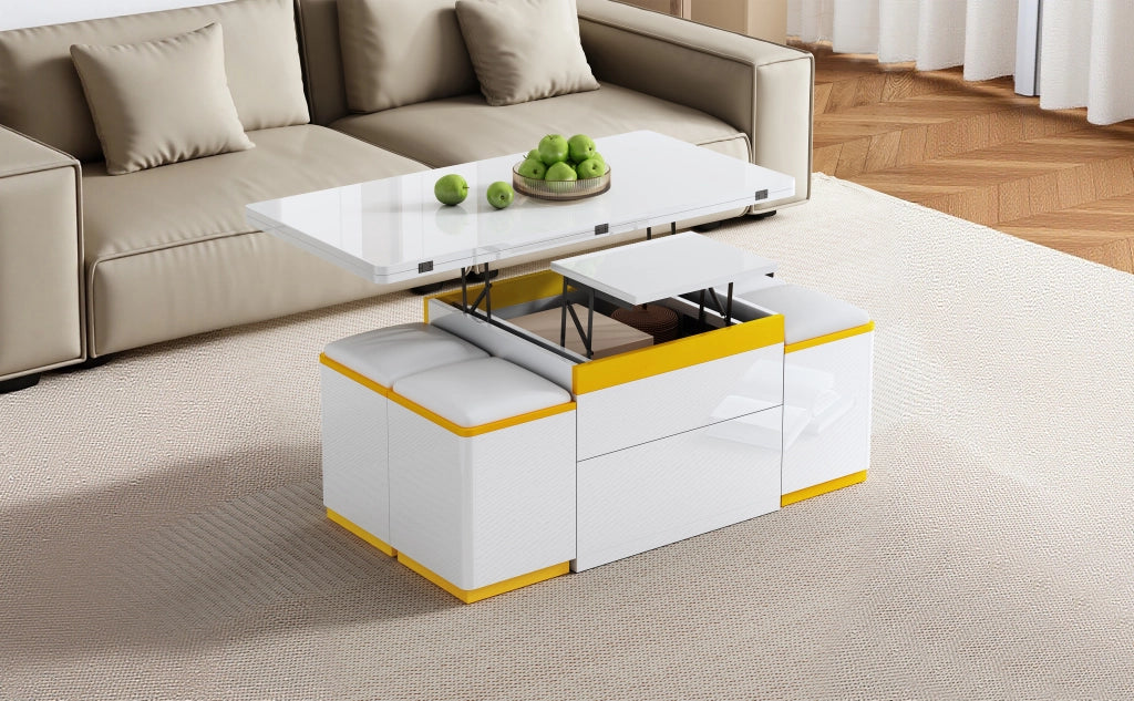 TAVOLINO DA CAFFÈ rialzabile 100 x 50 x 43 cm Bianco e Giallo, Set con 4 sgabelli